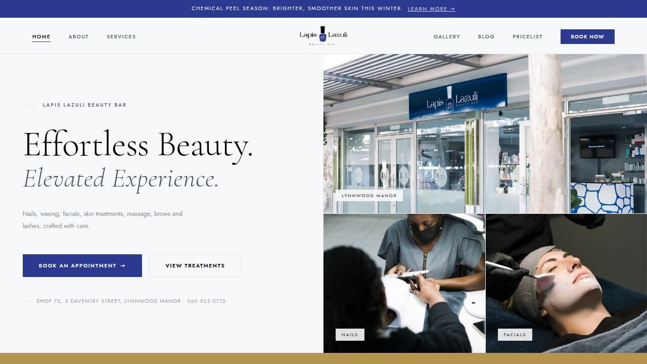 Homepage of the Lapis Lazuli Beauty Bar website built by 18dev